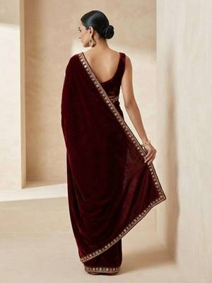 Maroon velvet embroidered sequins work heavy look ethnic saree with blouse 2