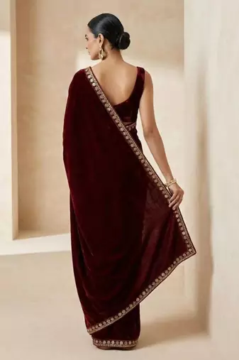 Maroon velvet embroidered sequins work heavy look ethnic saree with blouse