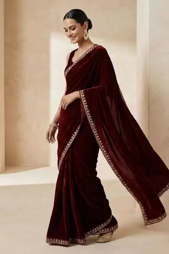 Maroon velvet embroidered sequins work heavy look ethnic saree with blouse