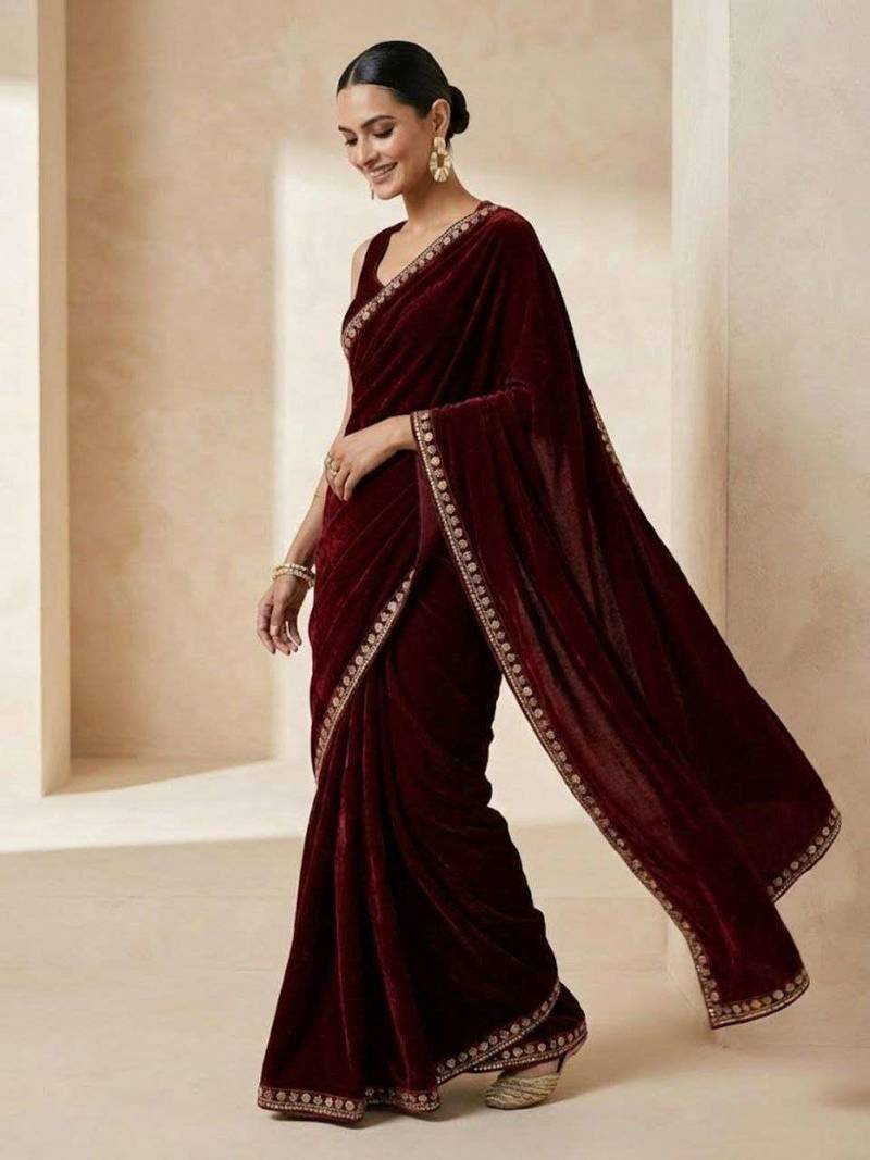 Maroon velvet embroidered sequins work heavy look ethnic saree with blouse