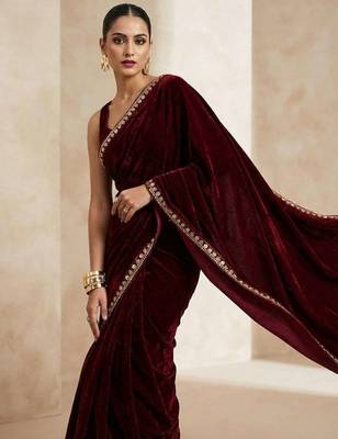 Maroon velvet embroidered sequins work heavy look ethnic saree with blouse 4