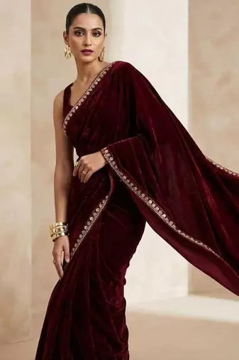 Maroon velvet embroidered sequins work heavy look ethnic saree with blouse