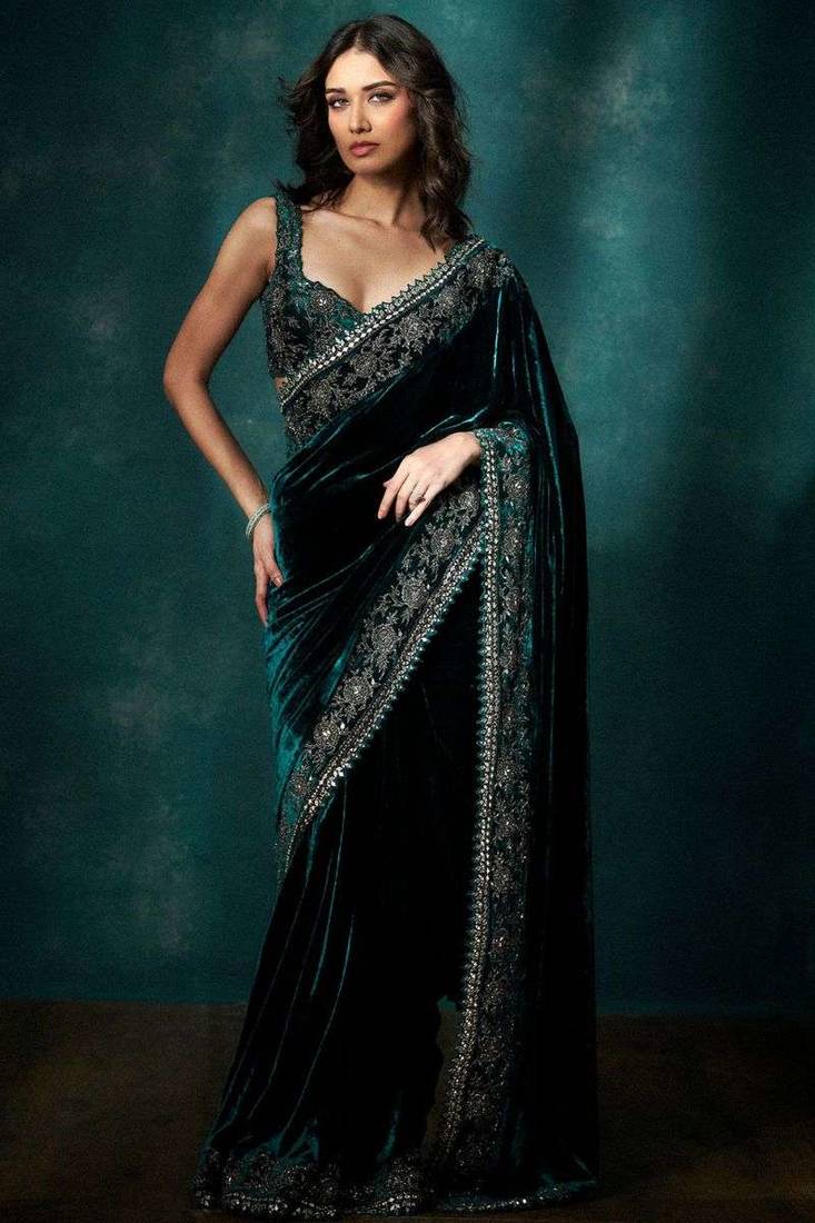 Green velvet embroidered sequins work heavy look ethnic saree with blouse