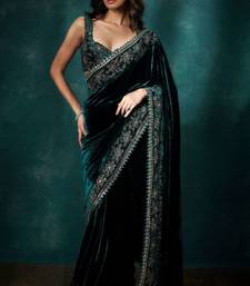 Green velvet embroidered sequins work heavy look ethnic saree with blouse