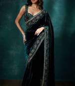 Green velvet embroidered sequins work heavy look ethnic saree with blouse