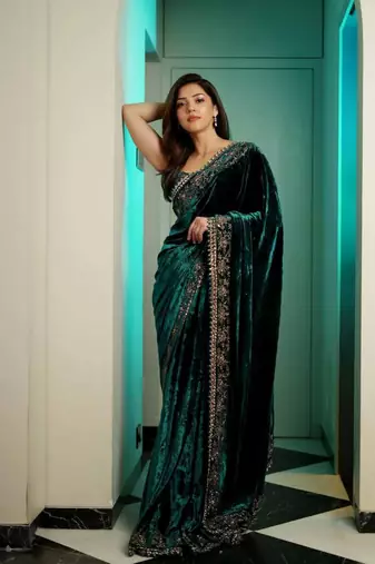 Green velvet embroidered sequins work heavy look ethnic saree with blouse