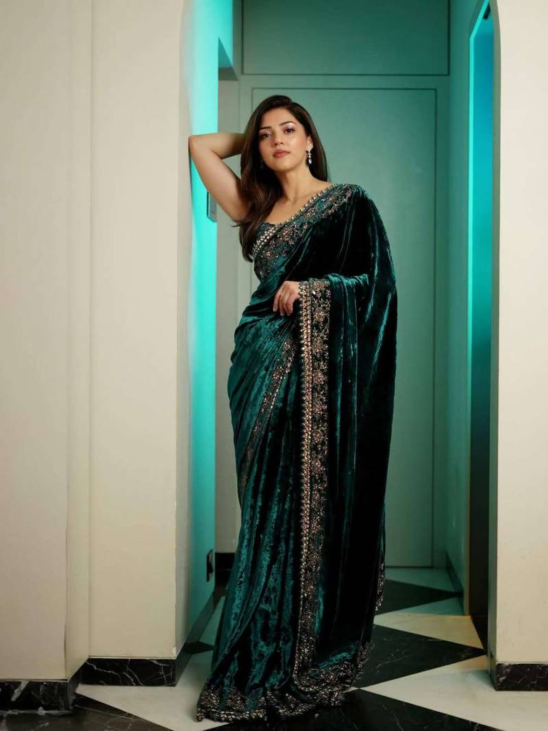 Green velvet embroidered sequins work heavy look ethnic saree with blouse