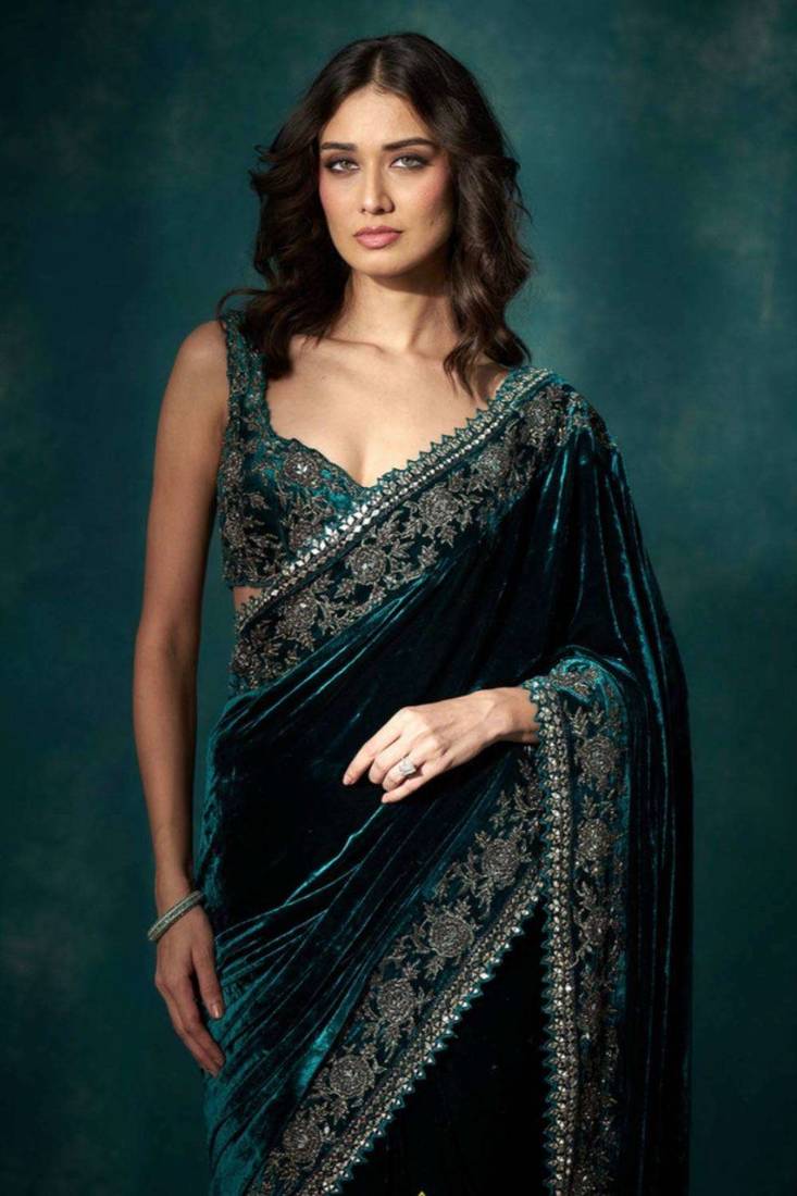 Green velvet embroidered sequins work heavy look ethnic saree with blouse