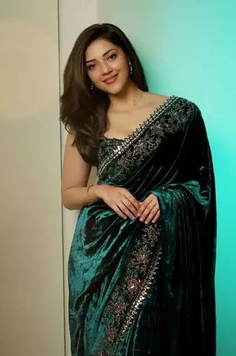 Green velvet embroidered sequins work heavy look ethnic saree with blouse