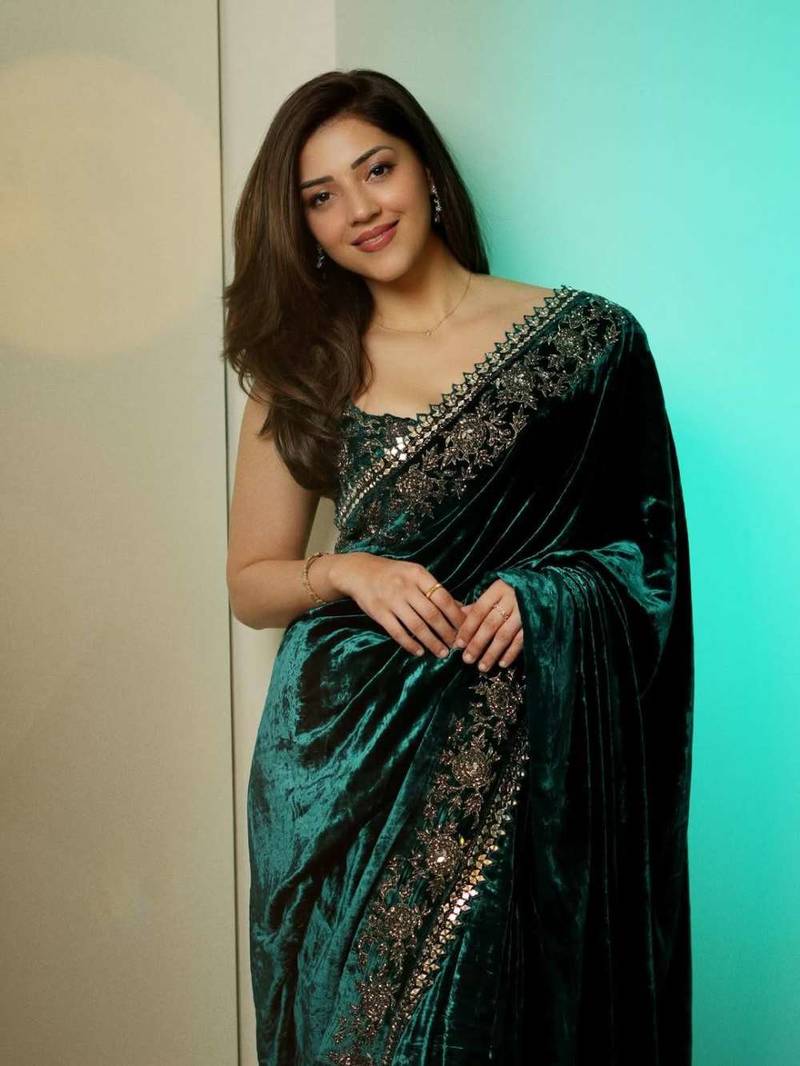 Green velvet embroidered sequins work heavy look ethnic saree with blouse
