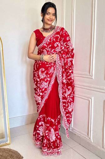 Red satin embroidered sequins work heavy look ethnic saree with blouse
