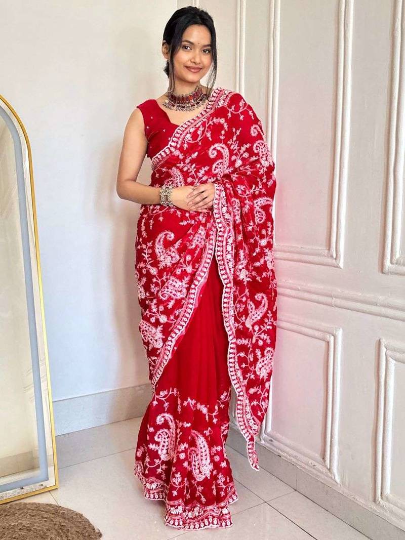Red satin embroidered sequins work heavy look ethnic saree with blouse