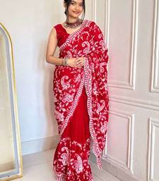 Red satin embroidered sequins work heavy look ethnic saree with blouse