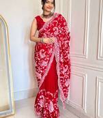 Red satin embroidered sequins work heavy look ethnic saree with blouse