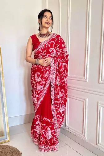Red satin embroidered sequins work heavy look ethnic saree with blouse