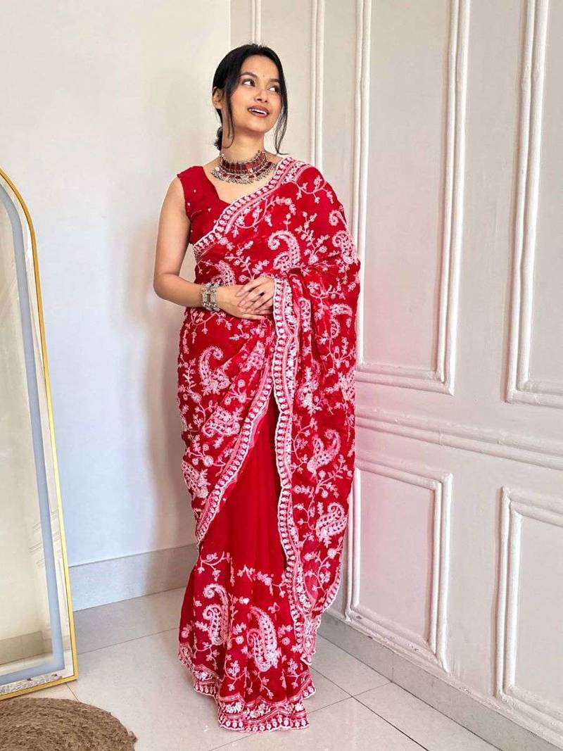 Red satin embroidered sequins work heavy look ethnic saree with blouse