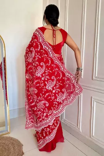 Red satin embroidered sequins work heavy look ethnic saree with blouse