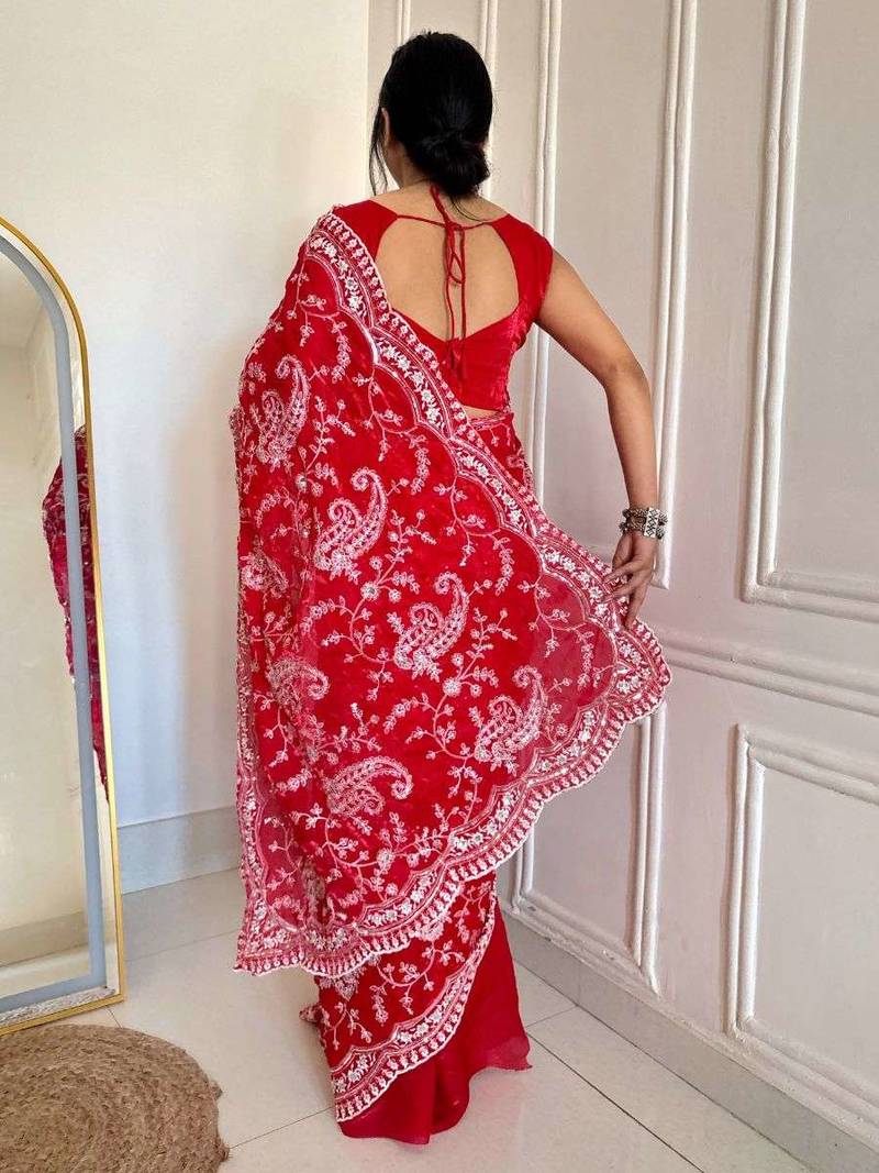 Red satin embroidered sequins work heavy look ethnic saree with blouse