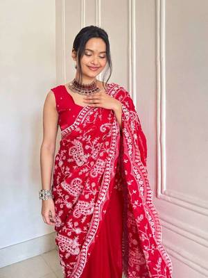 Red satin embroidered sequins work heavy look ethnic saree with blouse 4