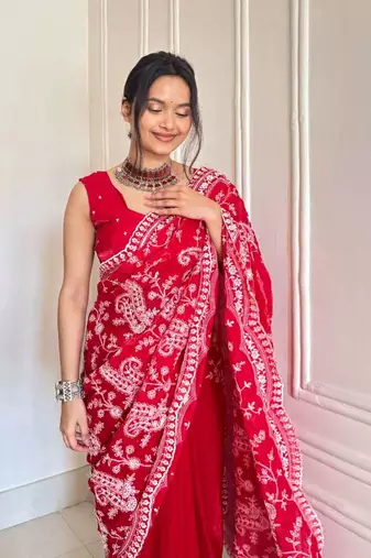 Red satin embroidered sequins work heavy look ethnic saree with blouse