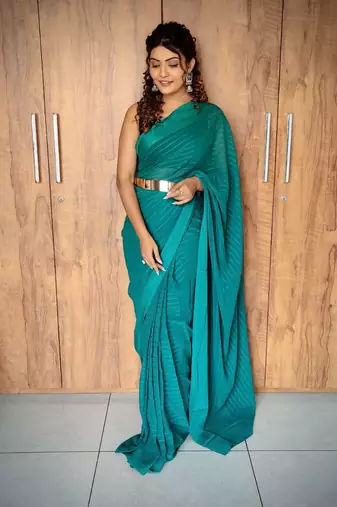 Teal viscose embroidered zari woven heavy look ethnic saree with blouse