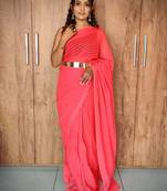 Peach viscose embroidered zari woven heavy look ethnic saree with blouse