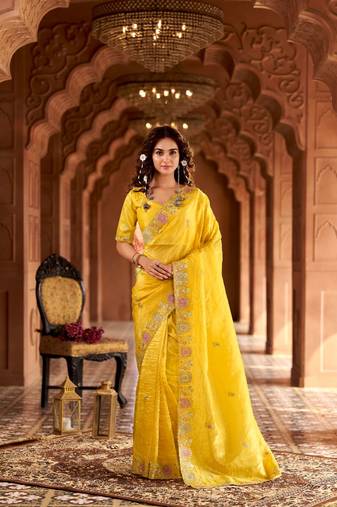 Yellow georgette embroidered thread work heavy look ethnic saree with blouse