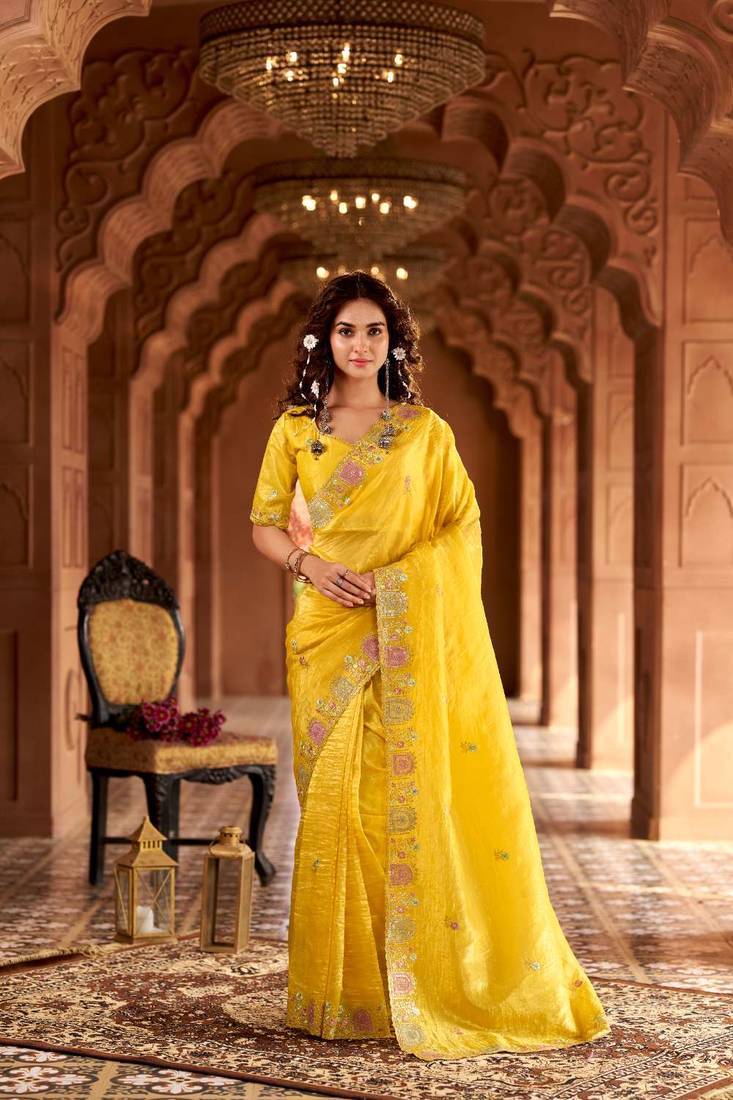 Yellow georgette embroidered thread work heavy look ethnic saree with blouse