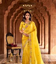Yellow georgette embroidered thread work heavy look ethnic saree with blouse