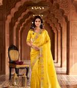Yellow georgette embroidered thread work heavy look ethnic saree with blouse