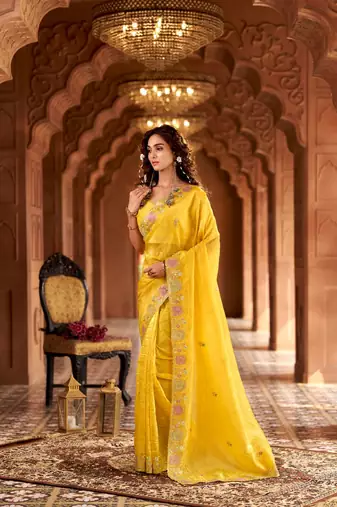 Yellow georgette embroidered thread work heavy look ethnic saree with blouse