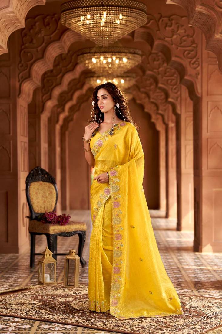 Yellow georgette embroidered thread work heavy look ethnic saree with blouse