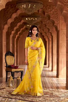 Yellow georgette embroidered thread work heavy look ethnic saree with blouse 3
