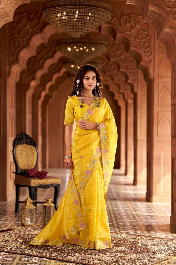 Yellow georgette embroidered thread work heavy look ethnic saree with blouse