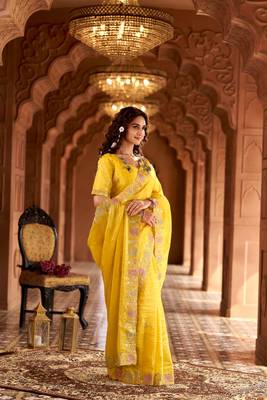 Yellow georgette embroidered thread work heavy look ethnic saree with blouse 4