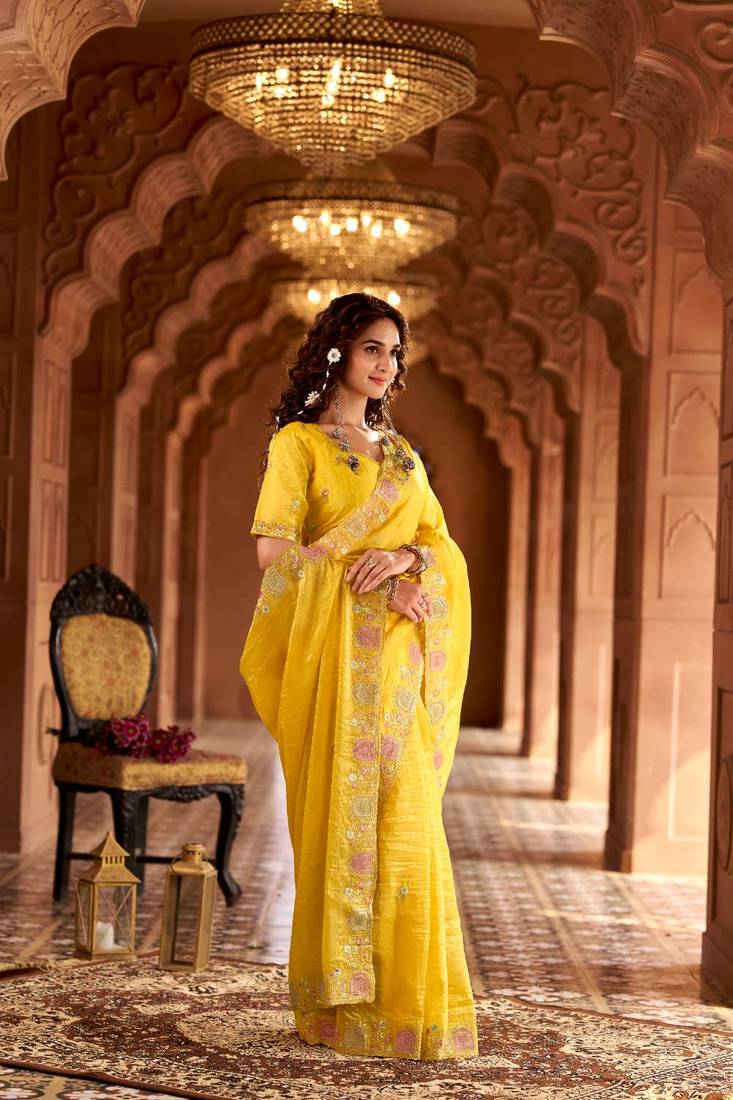 Yellow georgette embroidered thread work heavy look ethnic saree with blouse