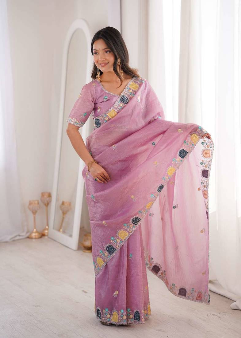 Pink georgette embroidered thread work heavy look ethnic saree with blouse