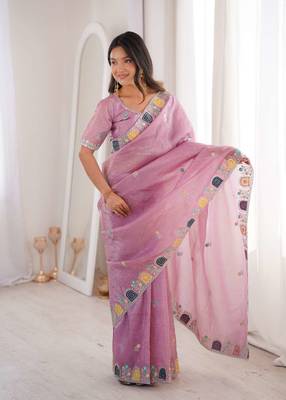Pink georgette embroidered thread work heavy look ethnic saree with blouse 1