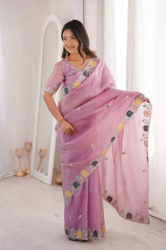 Pink georgette embroidered thread work heavy look ethnic saree with blouse