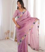 Pink georgette embroidered thread work heavy look ethnic saree with blouse