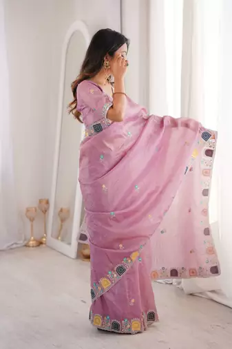 Pink georgette embroidered thread work heavy look ethnic saree with blouse