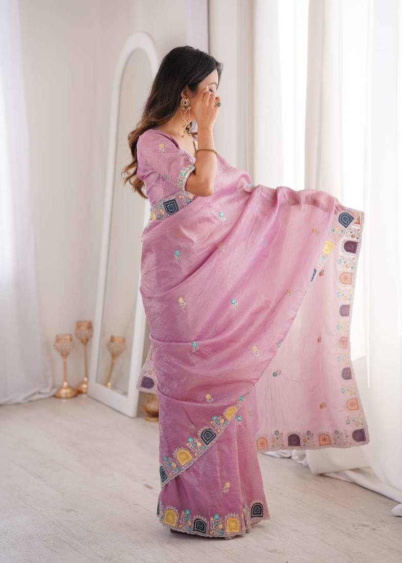 Pink georgette embroidered thread work heavy look ethnic saree with blouse