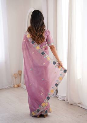 Pink georgette embroidered thread work heavy look ethnic saree with blouse 3