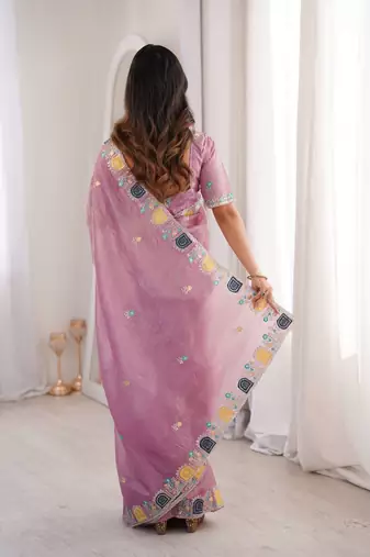 Pink georgette embroidered thread work heavy look ethnic saree with blouse