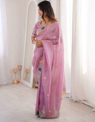 Pink georgette embroidered thread work heavy look ethnic saree with blouse 4