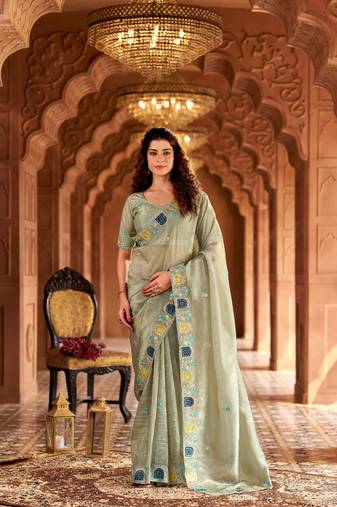 Green georgette embroidered thread work heavy look ethnic saree with blouse
