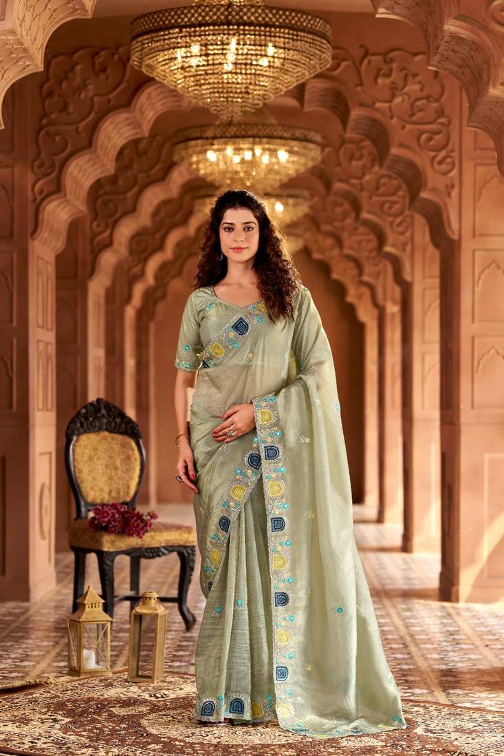Green georgette embroidered thread work heavy look ethnic saree with blouse