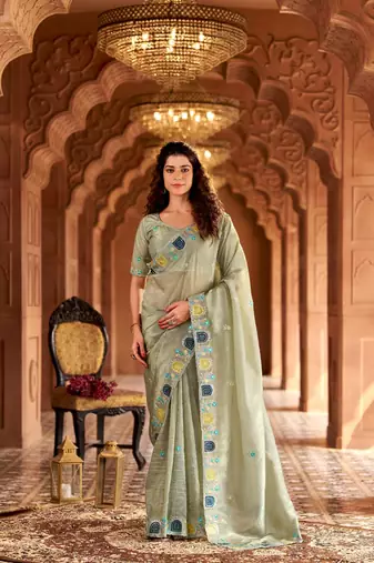 Green georgette embroidered thread work heavy look ethnic saree with blouse