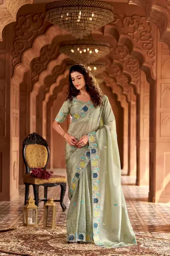 Green georgette embroidered thread work heavy look ethnic saree with blouse