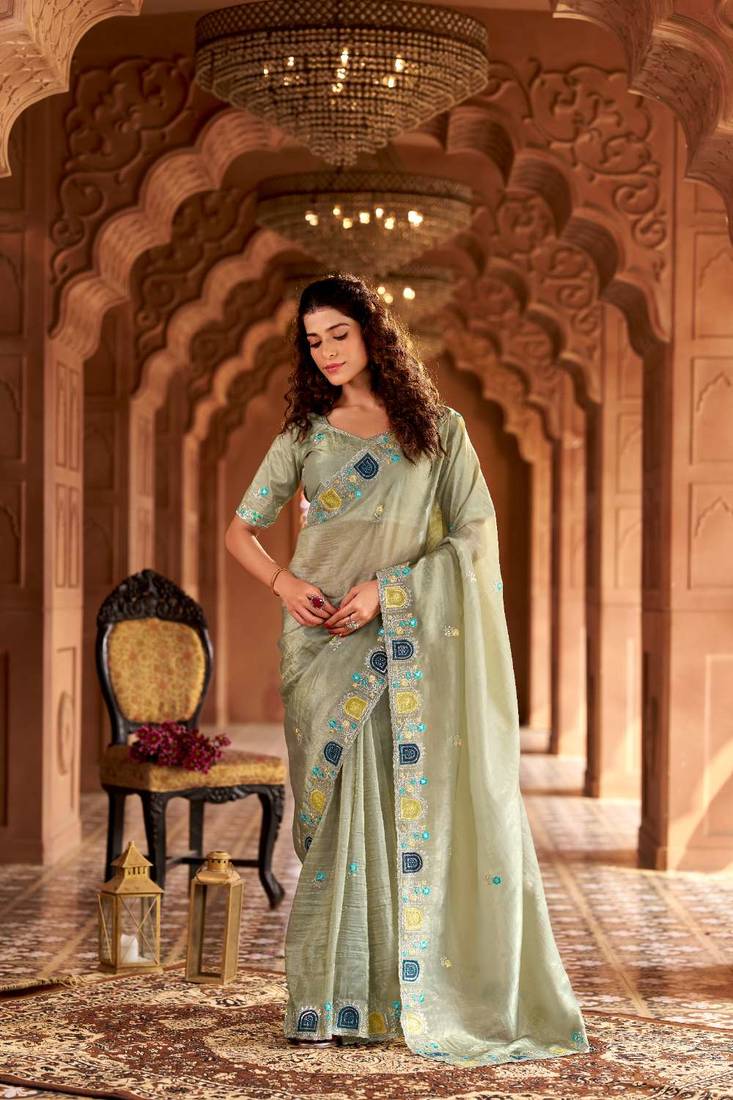 Green georgette embroidered thread work heavy look ethnic saree with blouse